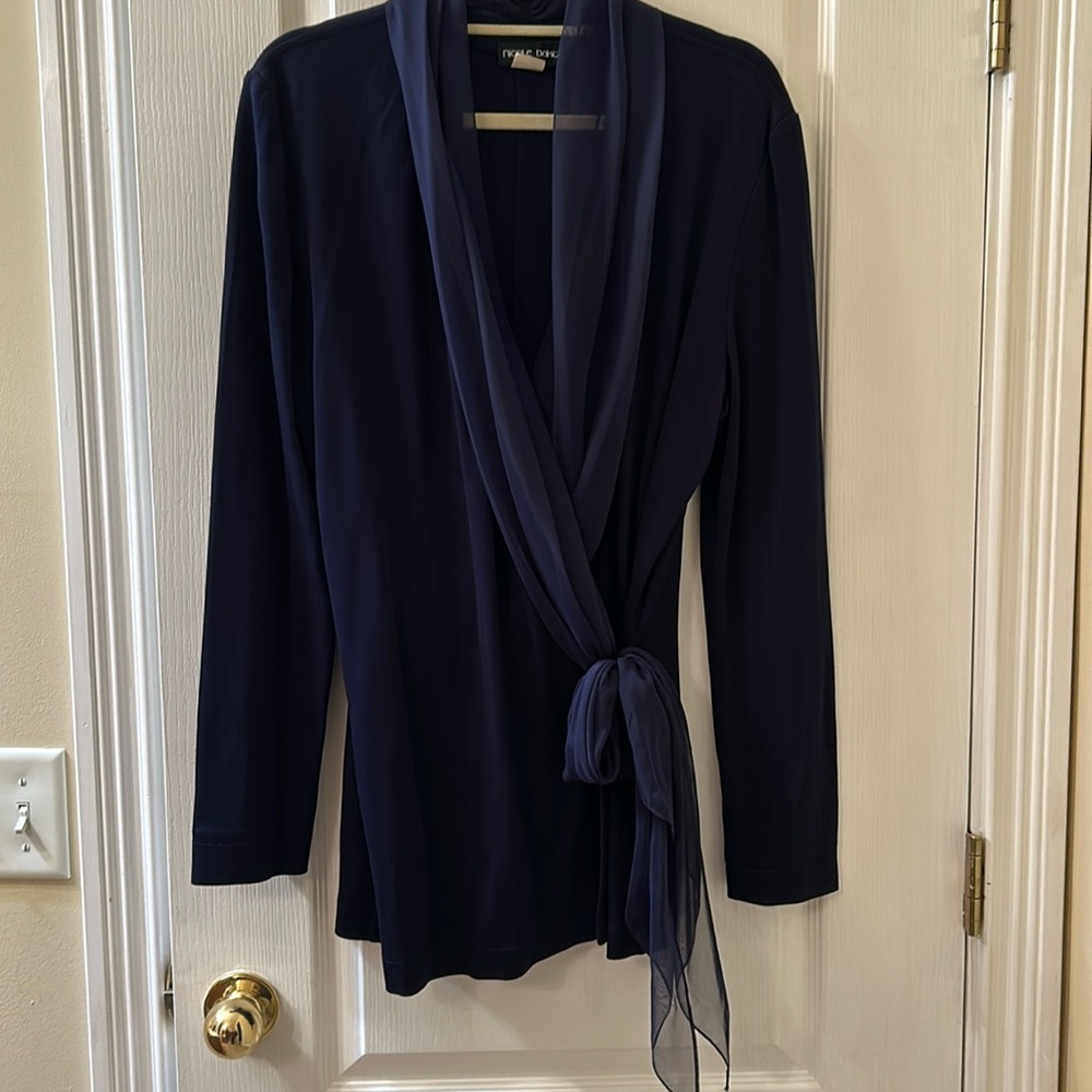 Beautiful Navy knit withh shawl collar and cross body tie.
